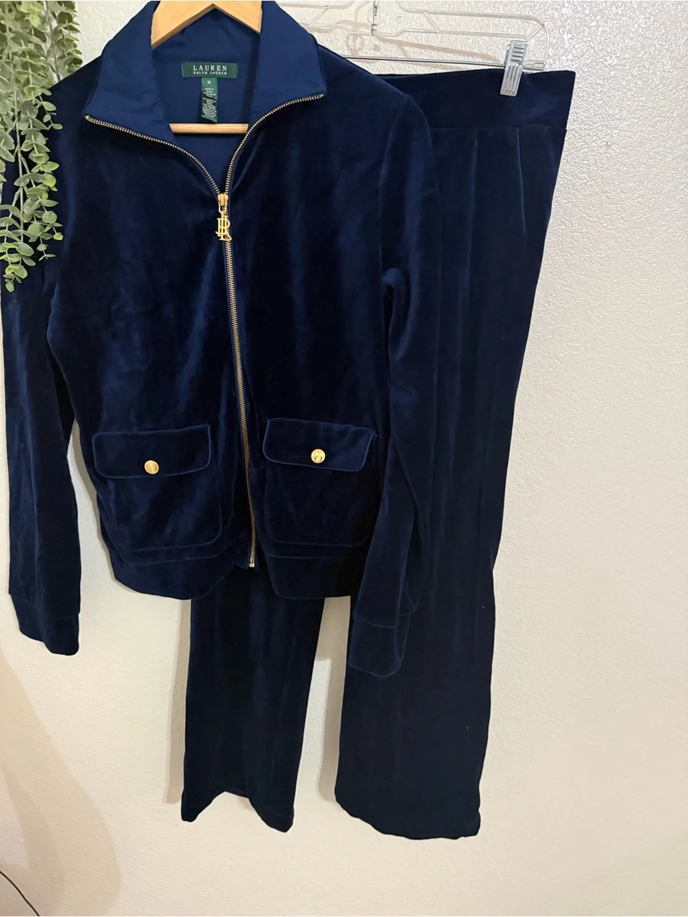 Lauren Ralph Lauren Velour 2 Piece Tracksuit Jacket Pants Navy Gold S/M